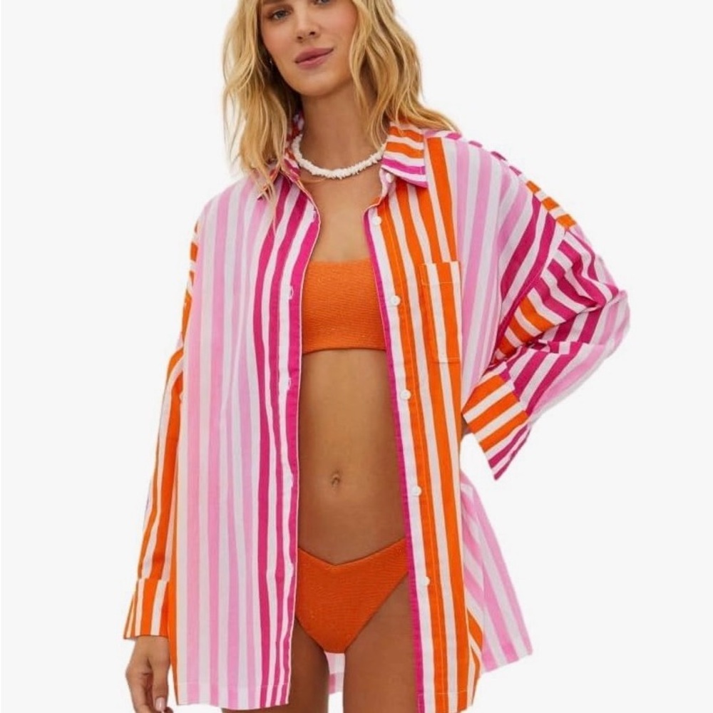 NWT Beach Riot Alexa Pink and Orange Striped Button-Up Top Coverup, Small/Medium